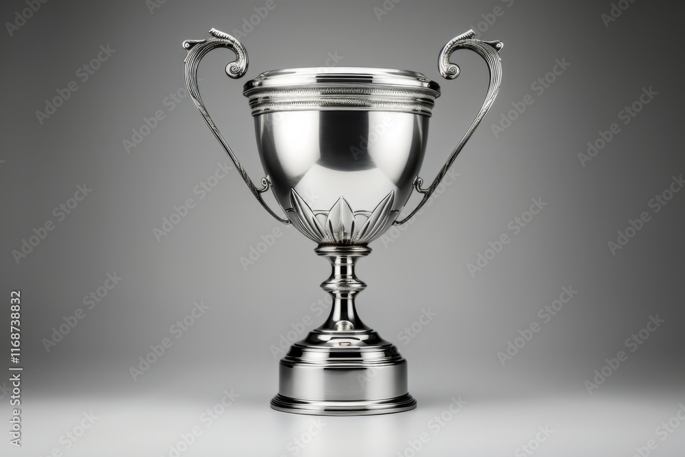 Silver trophy on table on grey background in honor of victory, with space for text