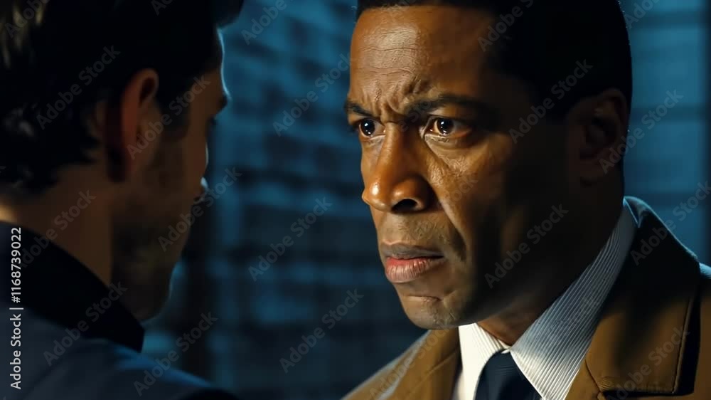 Intense conversation between two men in urban setting Intense conversation between two men in urban setting