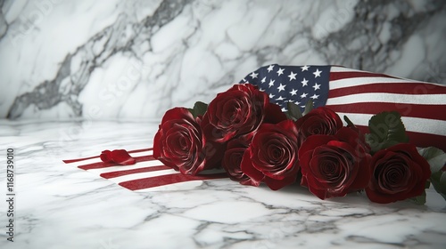 Folded American Flag and Crimson Roses on Marble 8K Realistic

 photo