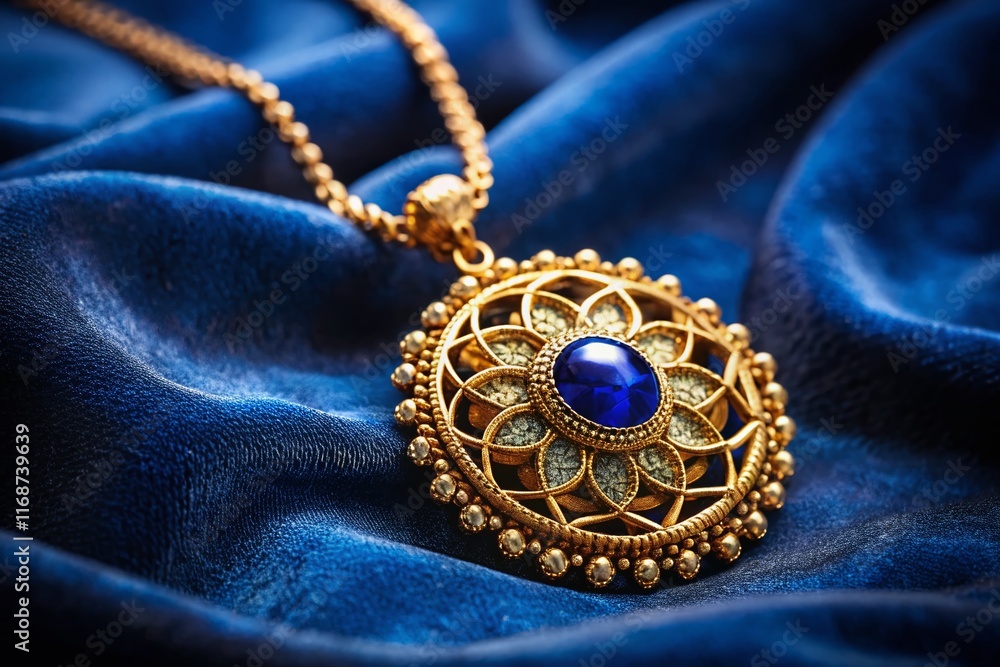 Fototapeta premium Elegant Gold Necklace on Velvet, Close-up Jewelry Photography