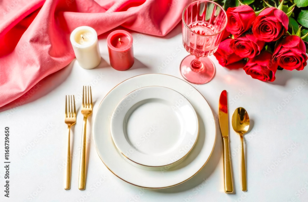 Valentine's Day table setting with plates, candles, and red roses Valentine's Day table setting with plates, candles, and red roses