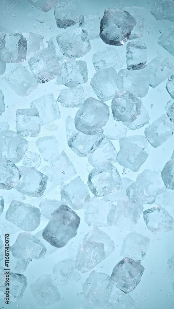 Super slow motion of falling ice cubes separated on blue background. Filmed on high speed cinema camera, 1000 fps. Vertical aspect ratio. Super slow motion of falling ice cubes separated on blue background. Filmed on high speed cinema camera, 1000 fps. Vertical aspect ratio.