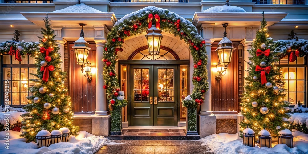 Elegant Hotel Entrance with Festive Wreaths, Lanterns, and Snow Decorations - Winter Holiday Scene Elegant Hotel Entrance with Festive Wreaths, Lanterns, and Snow Decorations - Winter Holiday Scene