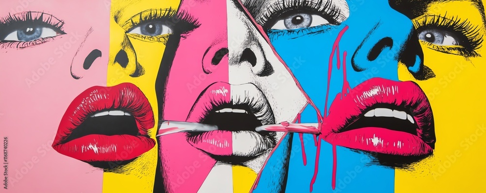 Vibrant pop art painting of four women's faces, bold colors, and expressive lips. Modern, stylish, and visually striking artwork. Vibrant pop art painting of four women's faces, bold colors, and expressive lips. Modern, stylish, and visually striking artwork.