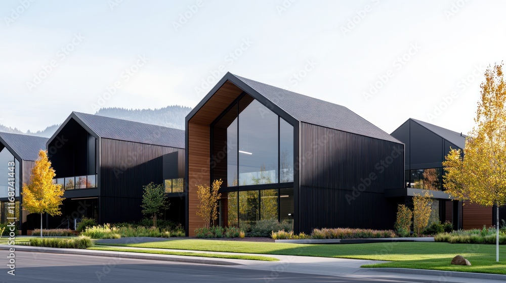 Fototapeta premium Modern architectural building with large windows and greenery.