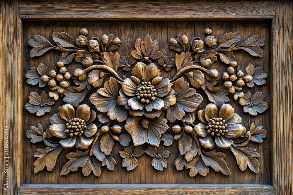 Intricate wood carving showcasing floral design on wooden panel Intricate wood carving showcasing floral design on wooden panel