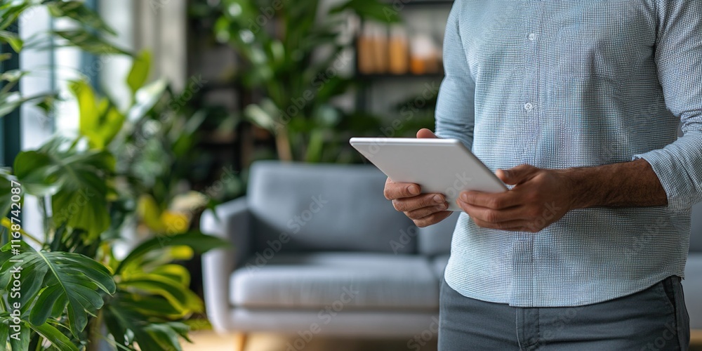 Man Using Tablet in a Lush Green Home Interior Man Using Tablet in a Lush Green Home Interior