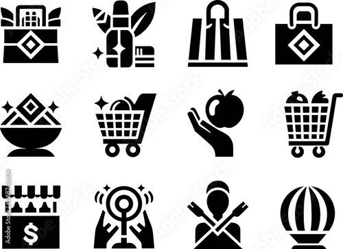 Icon Set Representing Shopping, Food, and Retail Concepts in Minimalist Design Style