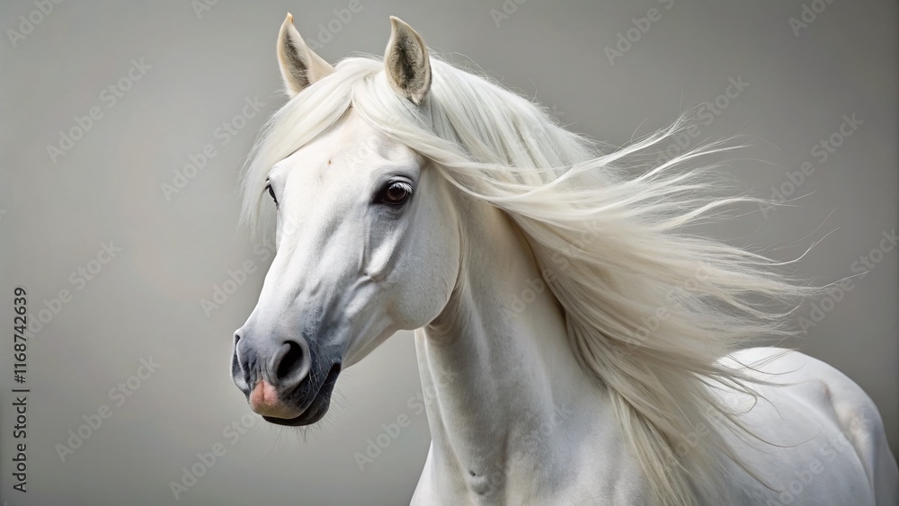 Obraz premium Elegant White Horse Head on Gray Background - Banner with Copy Space for Equestrian Brand