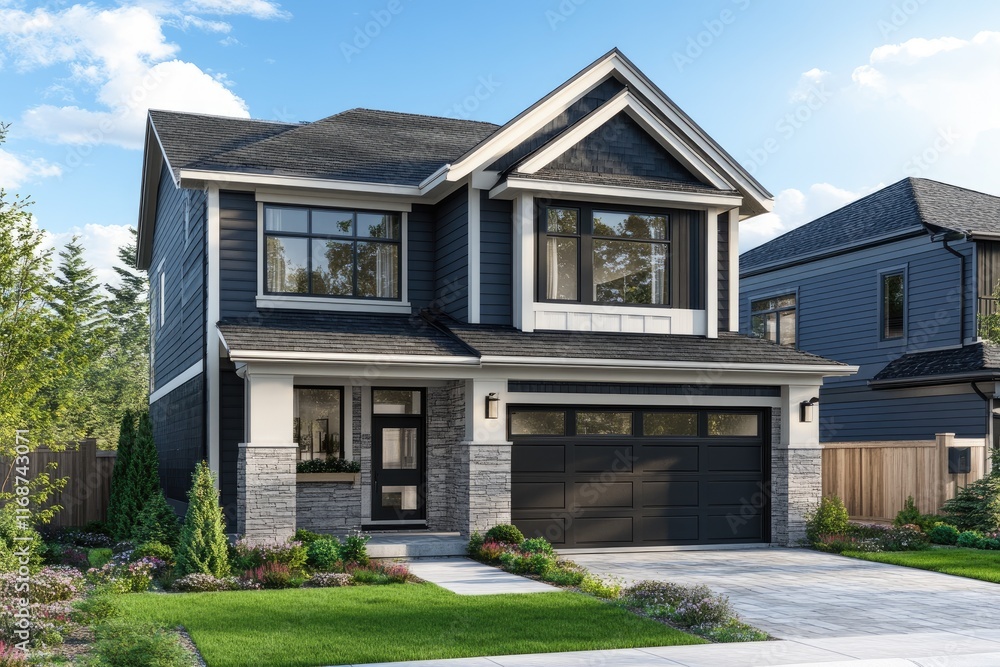 Beautiful modern suburban house with garage and garden on sunny day Beautiful modern suburban house with garage and garden on sunny day