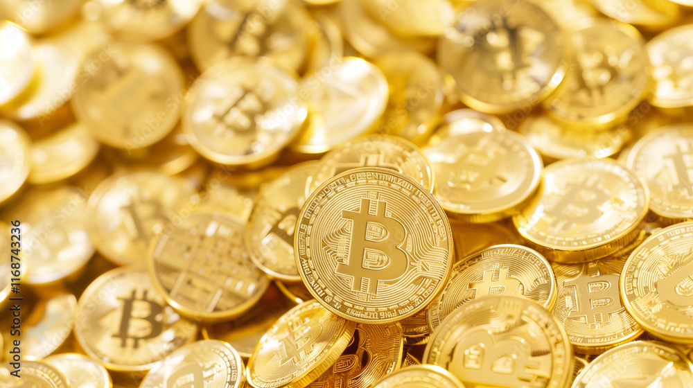 Golden Bitcoins Falling Down on Sparkling Background
Golden Bitcoins Falling Down on Sparkling Background