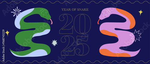 Year of Snake 2025 Happy New Year Banner Landscape Vector Illustration 