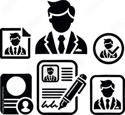 Business profile and CV set icons for resumes and recruitment processes