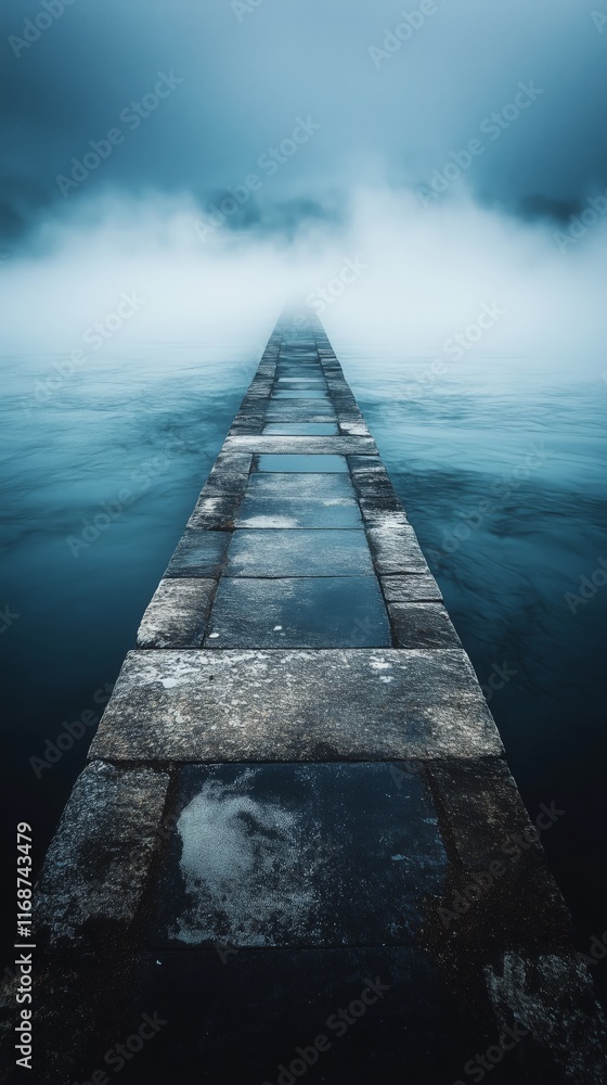 Fototapeta premium A mysterious stone path extends into the foggy distance over calm waters, creating a serene and meditative atmosphere.