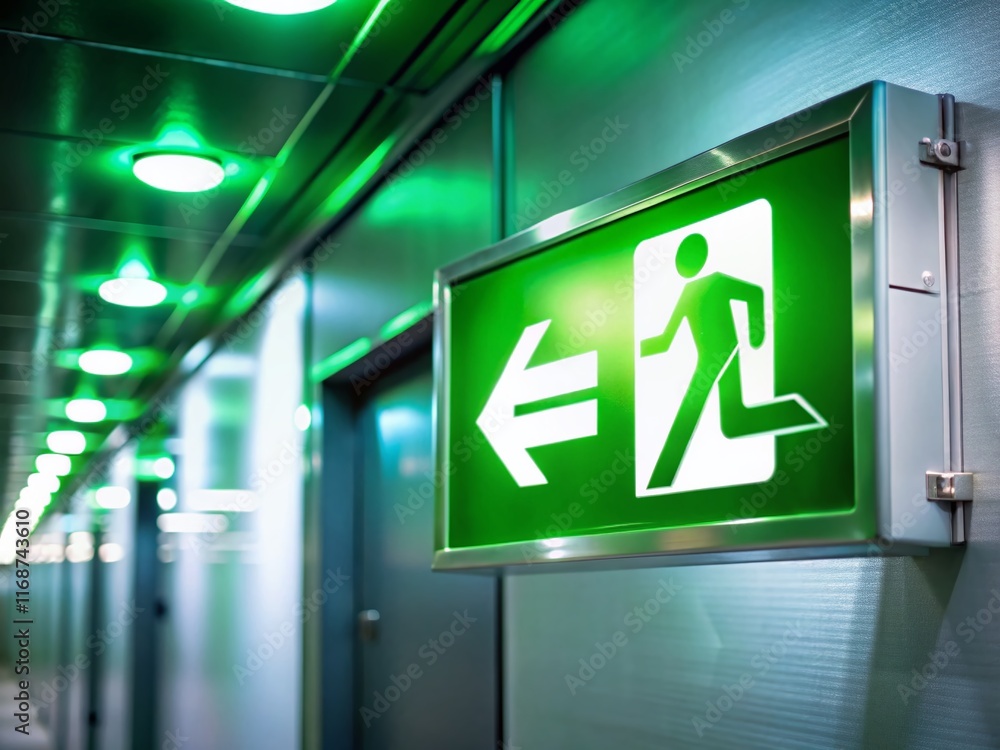 Emergency Exit Sign: Green Illuminated Fire Exit Door for Building Escape Emergency Exit Sign: Green Illuminated Fire Exit Door for Building Escape