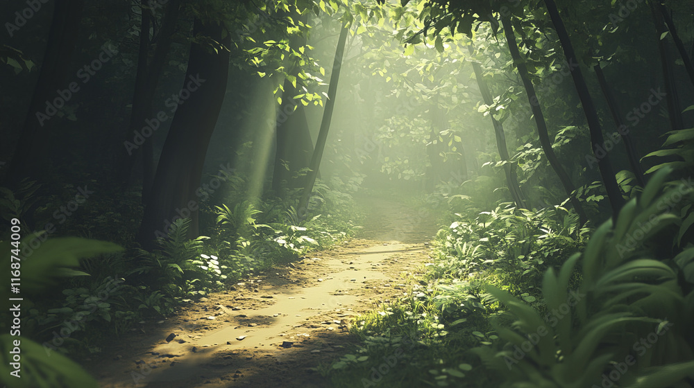 Fototapeta premium calming forest scene with meandering path and sunlight filtering through trees
