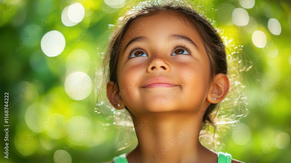 Fototapeta premium A joyful child gazing upward in a natural setting.