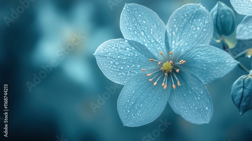 Delicate blue flower with drops of water in soft focus, creating an ethereal atmosphere in a tranquil garden setting. Generative AI