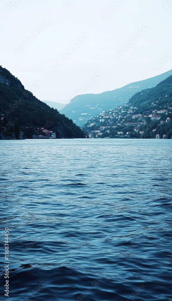Tranquil Lake Vista Serene Blue Waters Reflecting Majestic Mountains and a Misty Sky Tranquil Lake Vista Serene Blue Waters Reflecting Majestic Mountains and a Misty Sky