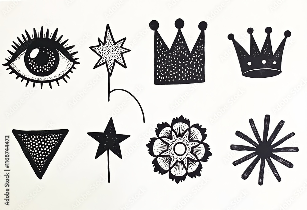 Fototapeta premium Unique Hand-Drawn Elements: Groovy Icons Featuring Flowers, Stars, and Crown Shapes in Linocut Style