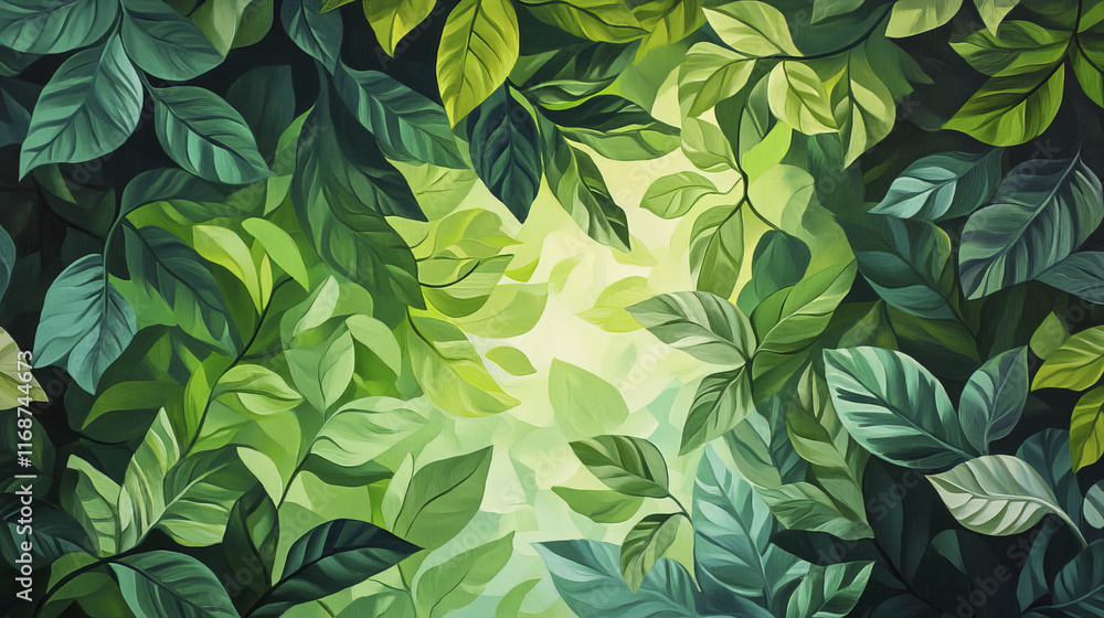 Lush green leaves create vibrant and serene rainforest canopy Lush green leaves create vibrant and serene rainforest canopy