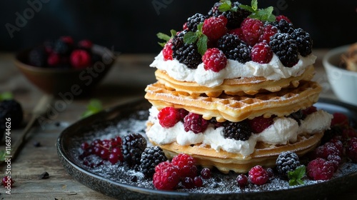 Wallpaper Mural A stack of waffles with whipped cream and berries. Torontodigital.ca