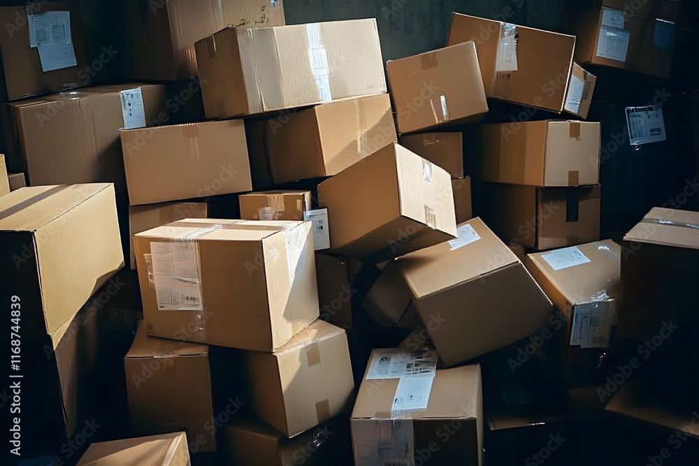 A pile of variously sized cardboard boxes in a warehouse or storage area. Used for shipping, receiving, and logistics. A pile of variously sized cardboard boxes in a warehouse or storage area. Used for shipping, receiving, and logistics.