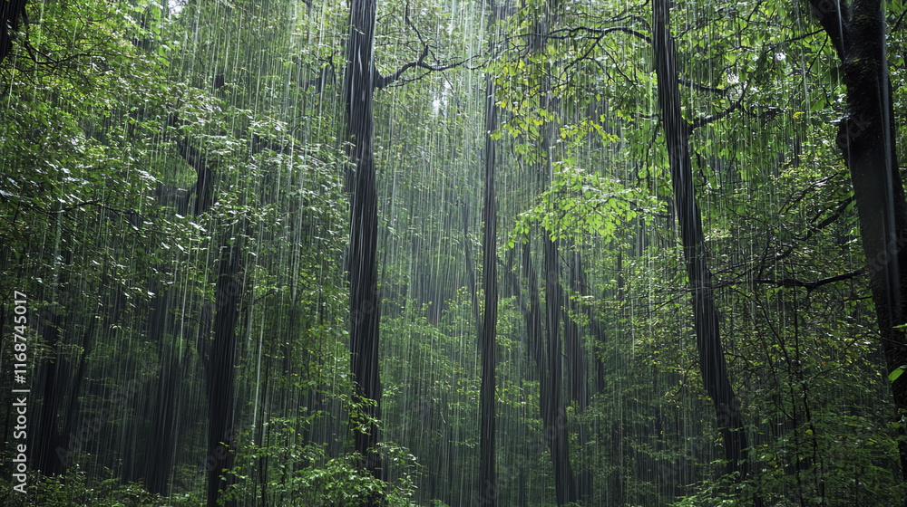 Obraz premium dense forest alive with sound of rain, vibrant green foliage