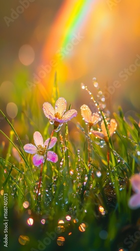 Dew-kissed flowers basking in sunlight under a rainbow in a lush green field