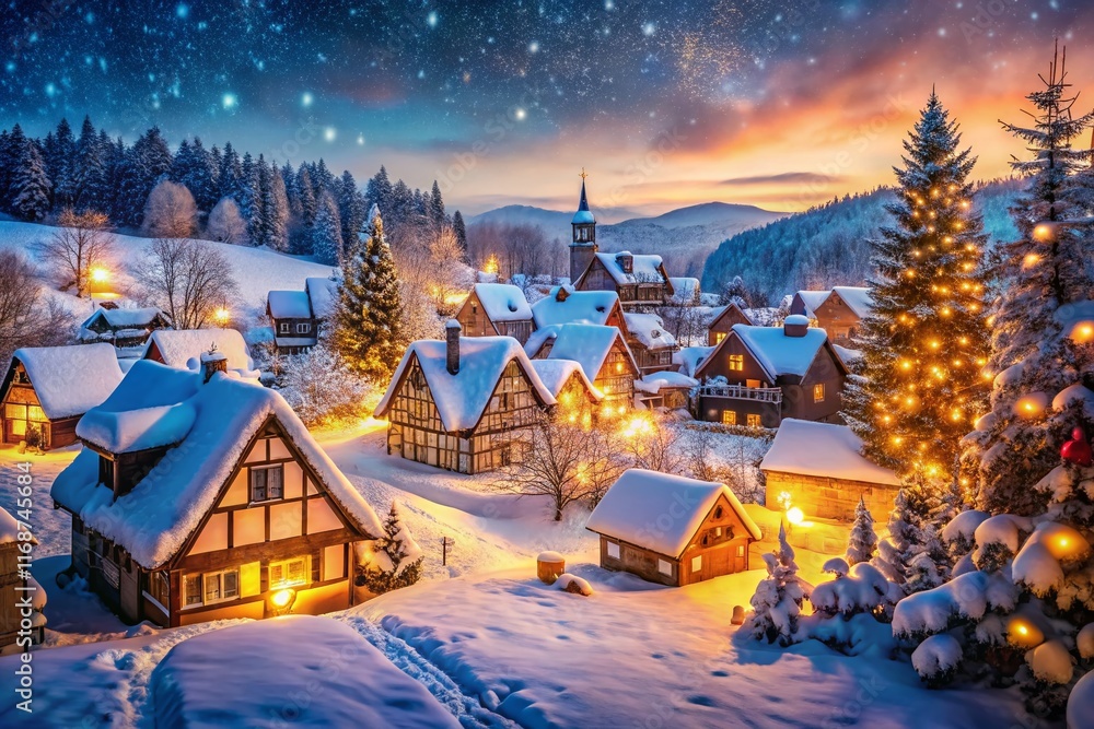 Fototapeta premium Enchanted Snowy Village Twilight: Cozy Winter Wonderland Scene