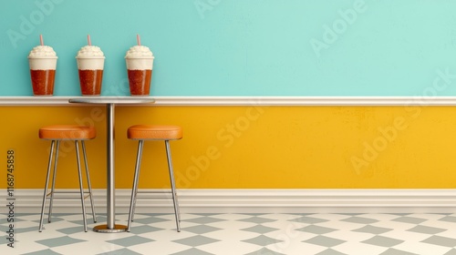 Colorful Retro Cafe Interior with Milkshakes on Table in Bright Atmosphere
