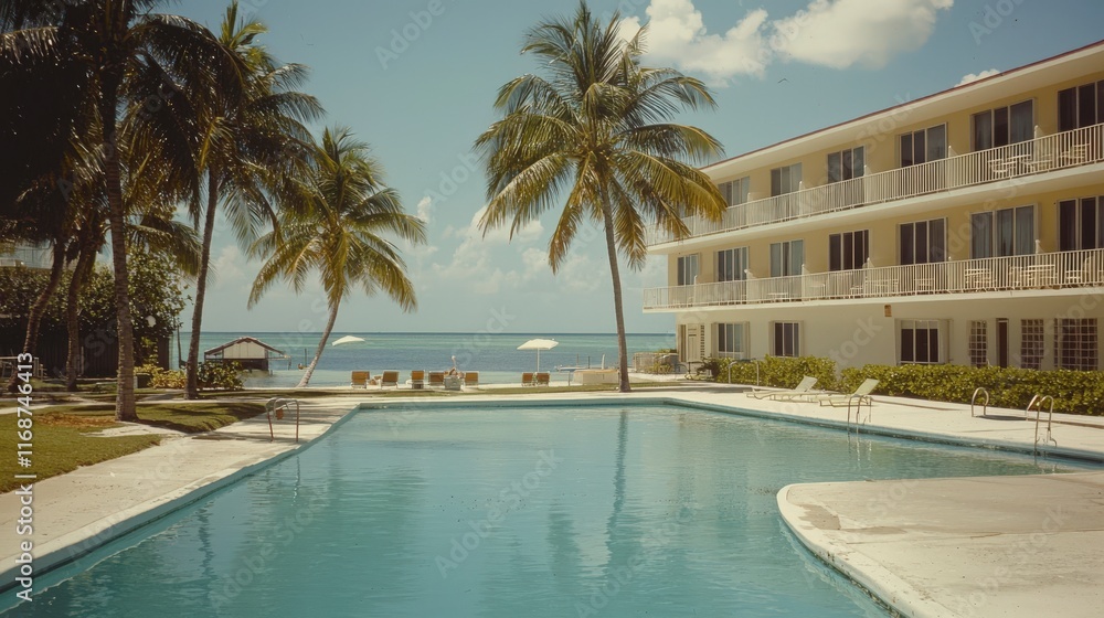 Fototapeta premium Serene Poolside Scene with Palm Trees and Ocean View at Tropical Resort