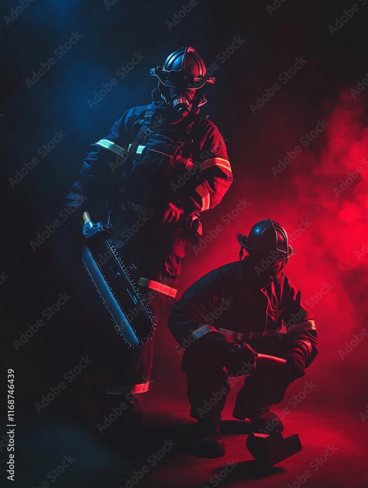 Fototapeta premium Two firefighters in full protective gear posing confidently, one holding a chainsaw and the other a large hammer, illuminated by dramatic red and blue studio lighting.