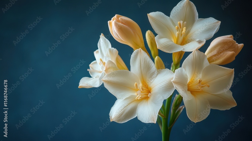 Fototapeta premium Beautiful white flowers in full bloom against a dark blue background showcasing their delicate petals and soft hues. Generative AI