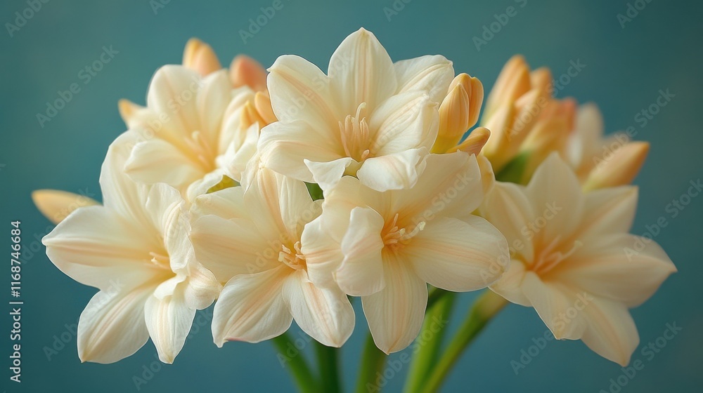 Fototapeta premium Beautiful white flowers display in a simple vase against a soft blue background during daylight hours. Generative AI