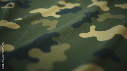 Close-up of a green camouflage fabric pattern with organic shapes, perfect for military, outdoor, and tactical designs, suitable for fashion and branding projects. photo