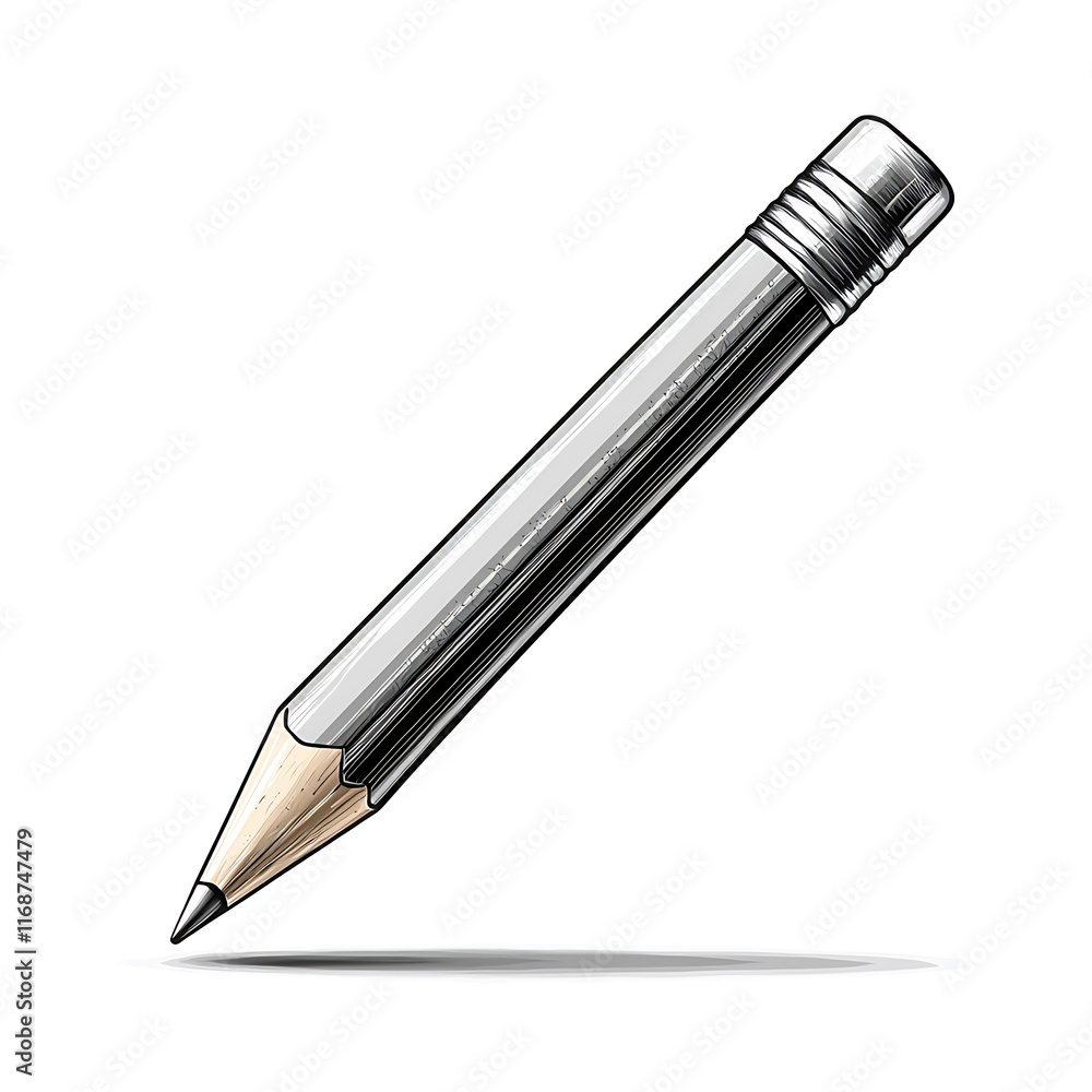 A sharp graphite pencil with a metallic finish, angled, casting a subtle shadow on a white background. A sharp graphite pencil with a metallic finish, angled, casting a subtle shadow on a white background.
