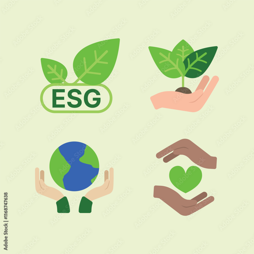 ESG planting nature green icon set, Save the world concept. Vector illustration. ESG planting nature green icon set, Save the world concept. Vector illustration.