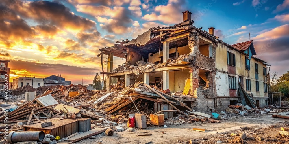 Exploded Building, Small Town Destruction, War Aftermath, Rubble, Disaster Scene Stock Photo Exploded Building, Small Town Destruction, War Aftermath, Rubble, Disaster Scene Stock Photo