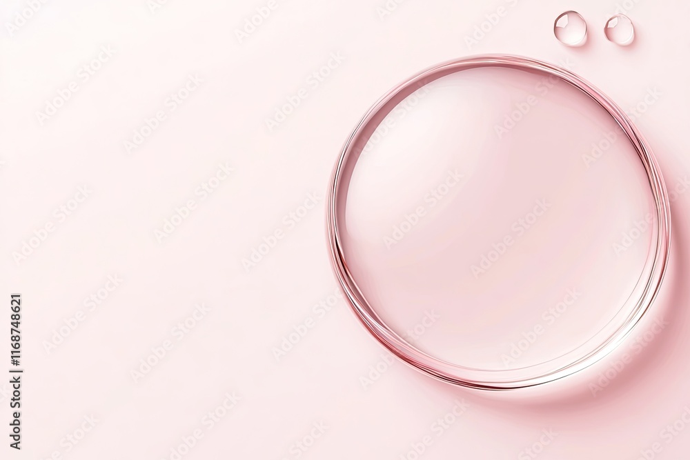 Fototapeta premium Abstract pink background with a large circle of translucent liquid and two smaller droplets. Ideal for beauty, skincare, or cosmetic product promotion.