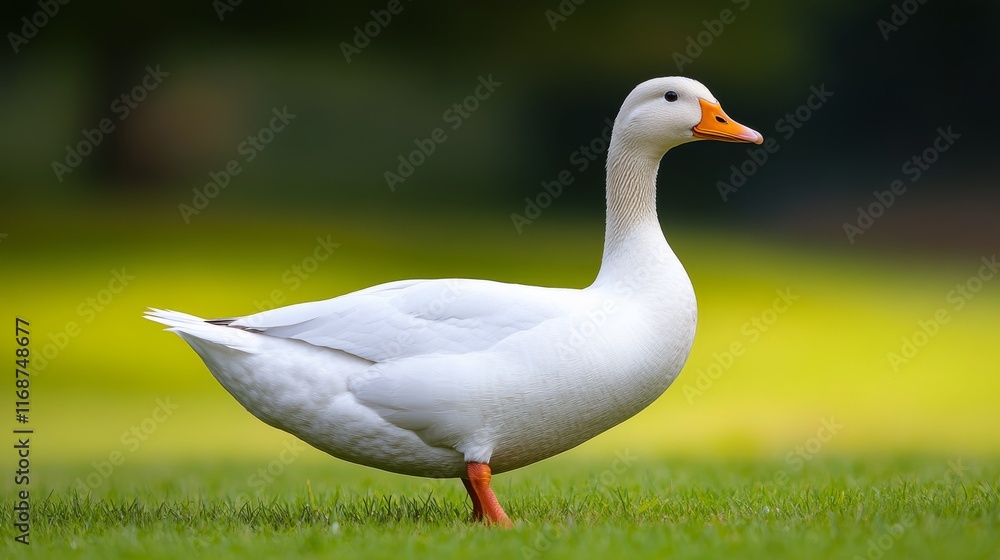 Diverse suburban park setting with a white duck standing gracefully on lush green grass Diverse suburban park setting with a white duck standing gracefully on lush green grass