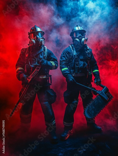 Two firefighters in full protective gear posing confidently, one holding a chainsaw and the other a large hammer, illuminated by dramatic red and blue studio lighting.