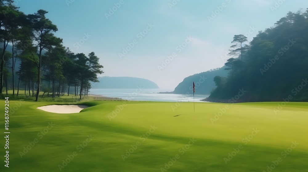 Naklejka premium Serene Coastal Golf Course Green Fairway Scene