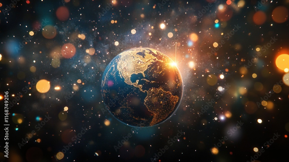 Earth glowing in space with stars and nebulae. Earth glowing in space with stars and nebulae.