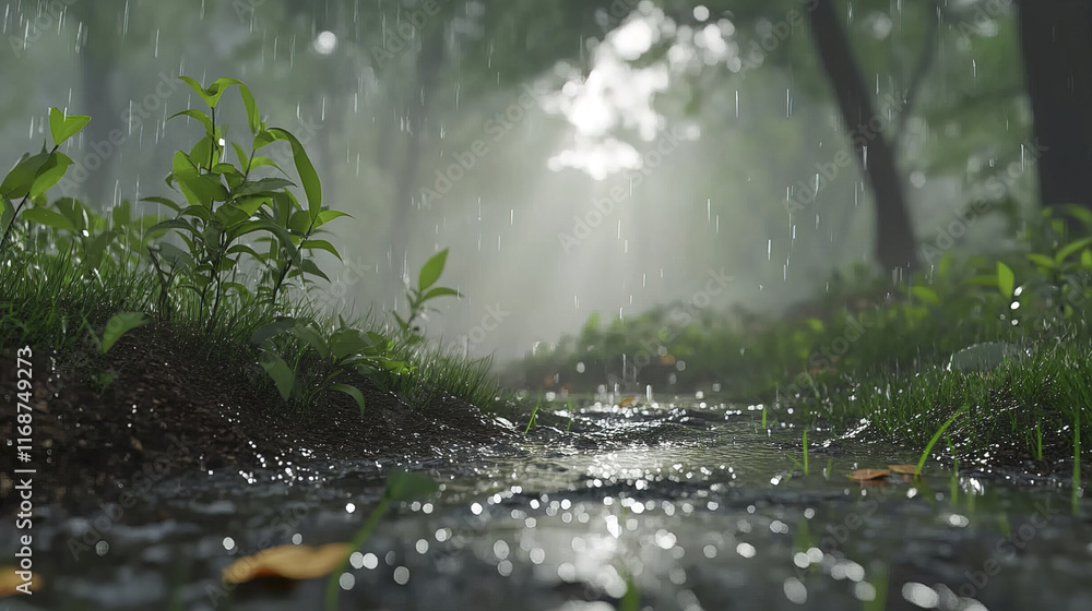 Fototapeta premium serene misty forest scene with rain, sunlight filtering through trees
