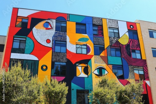 Colorful mural adorns urban building showcasing abstract design and vibrant patterns in bright sunlight