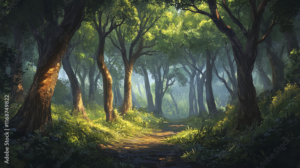 Naklejka premium serene subtropical forest in Nepal with dense greenery and sunlight