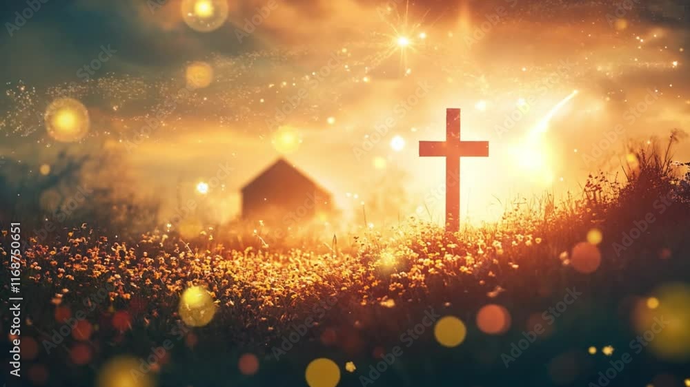 Sunset light and the holy cross of Jesus Christ and church summer retreat background landscape 4k video Sunset light and the holy cross of Jesus Christ and church summer retreat background landscape 4k video
