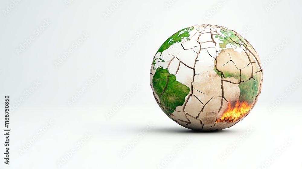 A cracked globe depicting environmental distress and climate change. A cracked globe depicting environmental distress and climate change.