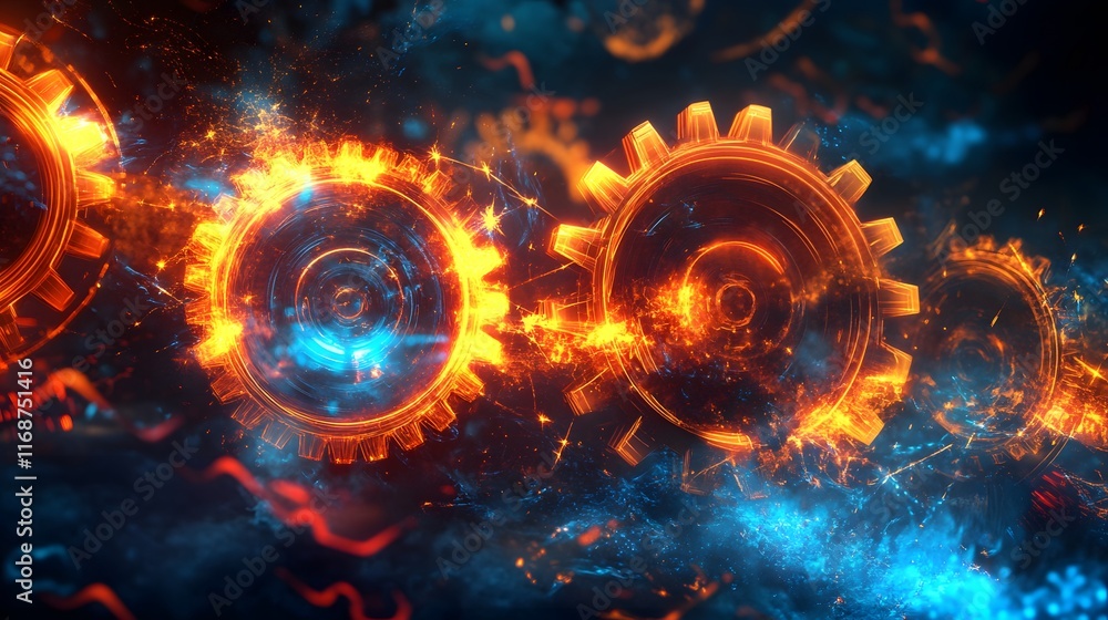 Obraz premium Fiery Interlocking Gears Rotating in Abstract Space